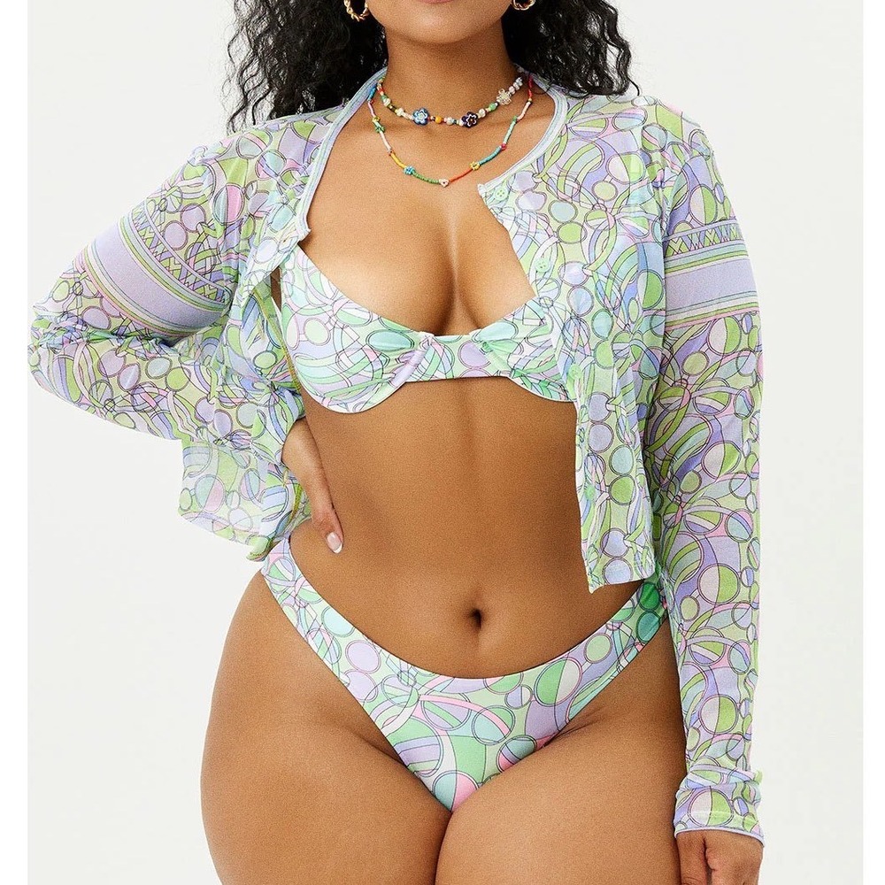 Frankies Bikinis Cheri Mesh Cardigan Top Vortex Green Sheer Button - Small
